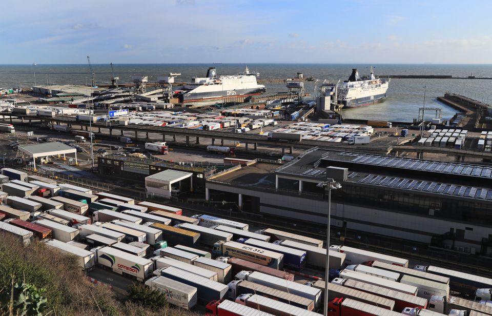 Lorries queue for ferries at the Port of Dover in Kent