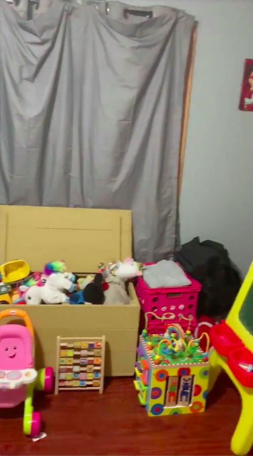 The room featured toys bursting out of the chest and covering the floor