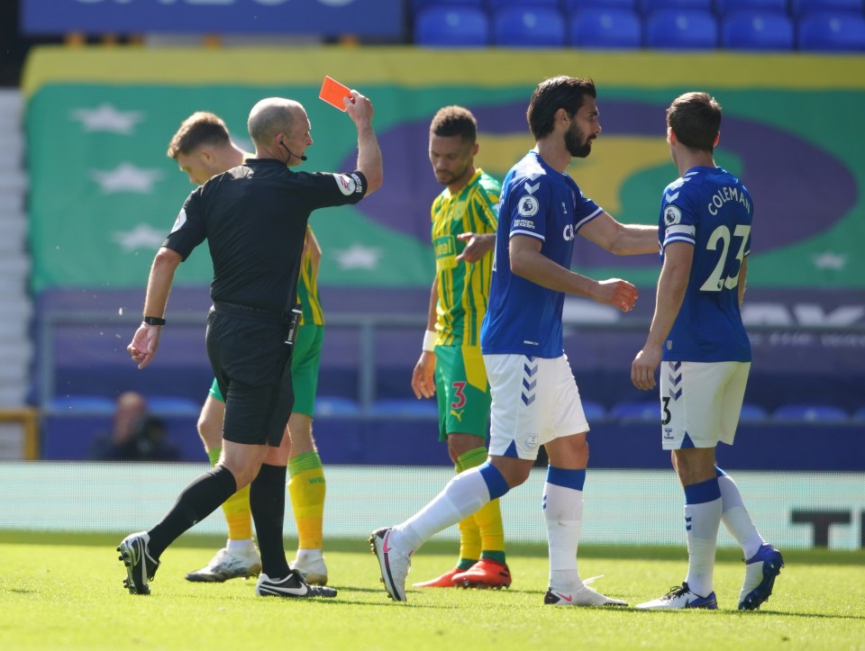 Kieran Gibbs was dismissed in first-half stoppage time at Goodison Park, prompting a sharp reprisal from Seamus Coleman