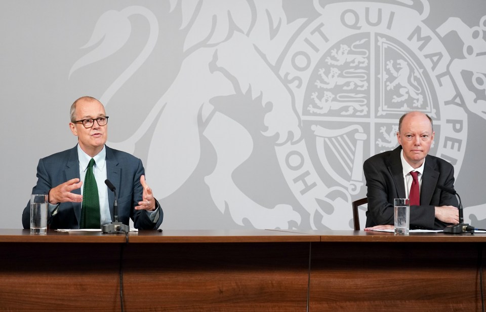 Sir Patrick Vallance and Prof Chris Whitty pictured at a press briefing today