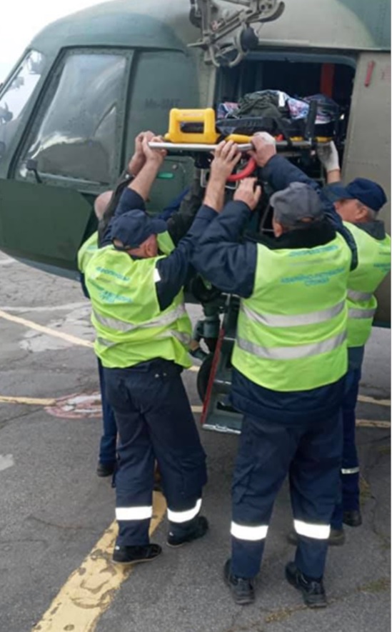 The boy was loaded on a military helicopter before being transported to the city of Dnipro, Ukraine