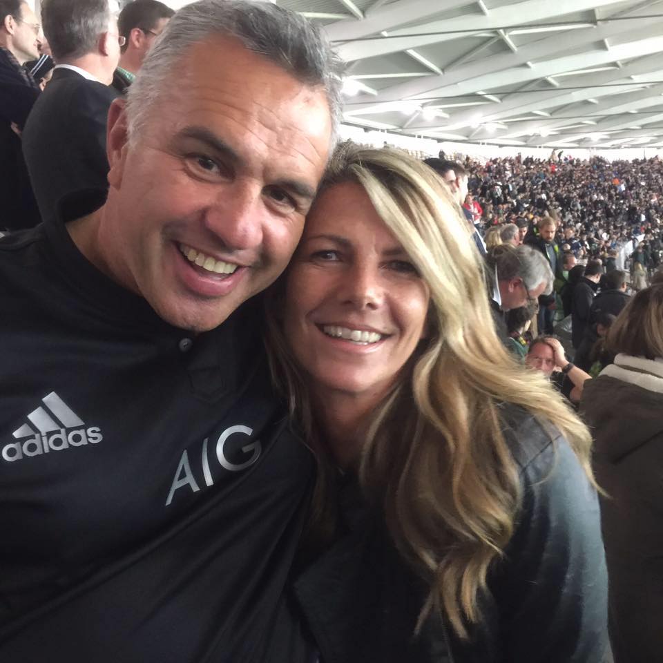 Matt Ratana is pictured at the rugby with partner Sue Bushby