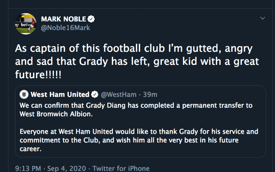 Mark Noble posted this tweet after Grady Diangana was sold to West Brom