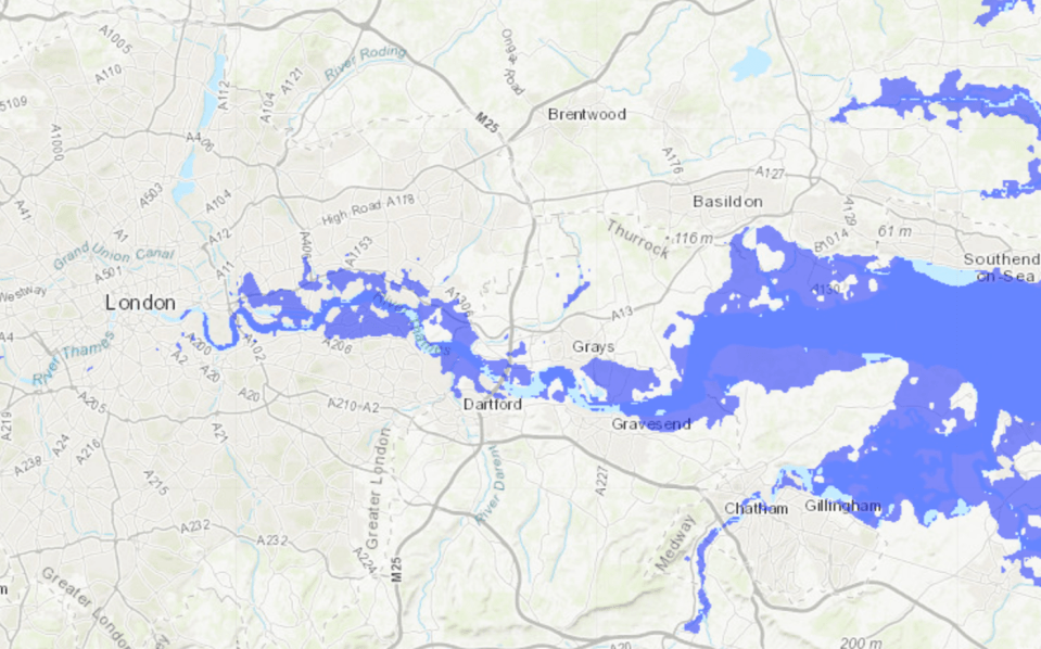 London would have some flooding issues if there was a global 2.5 metre sea level rise - this map shows London with a 3 metre sea level rise