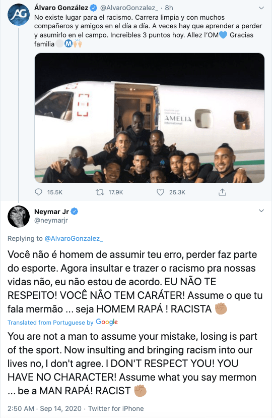 Neymar hit back with a reply of his own on Twitter, again calling Gonzalez 'racist'