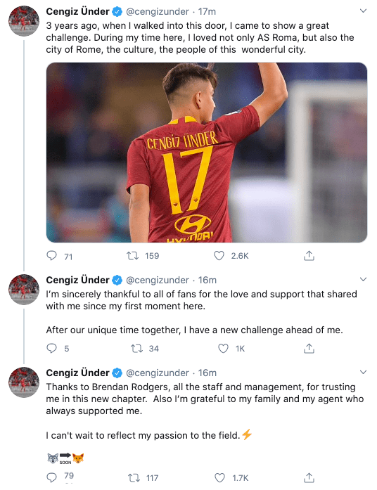 Under took to Twitter to show his appreciation to both Roma and Leicester