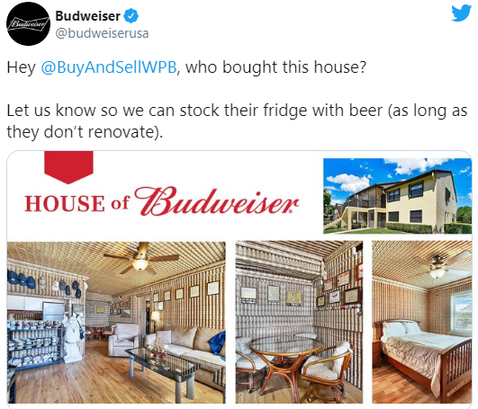 Budweiser has said it will stock the fridge with free beer as long as the new owners don't renovate