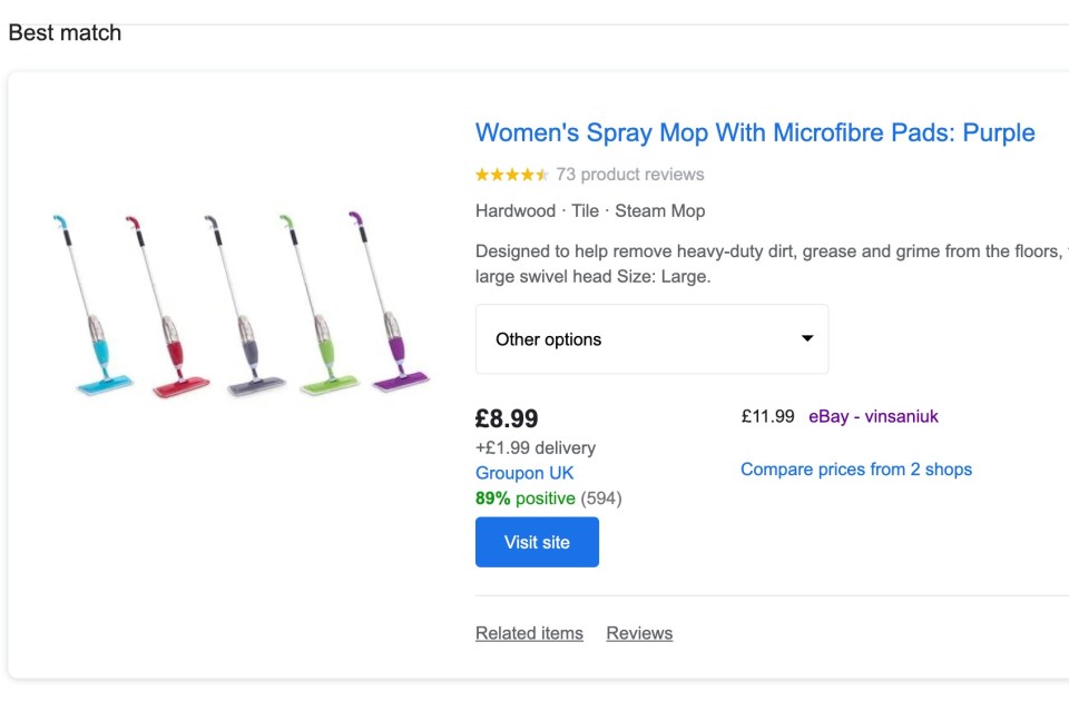 Groupon has a shopping link on Google which is advertising a mop for women