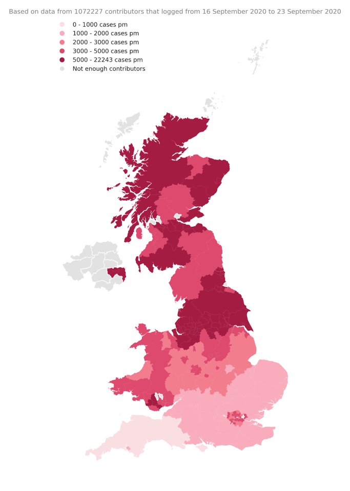 Data from King's College London shows where the majority of Covid cases are in the UK 