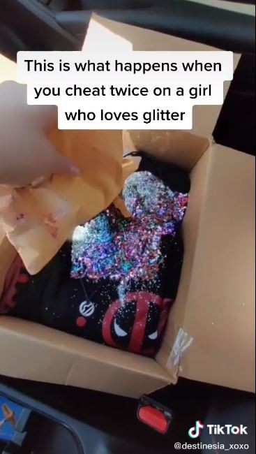 She then poured a large amount of glitter onto his items for the ultimate sparkly revenge gift