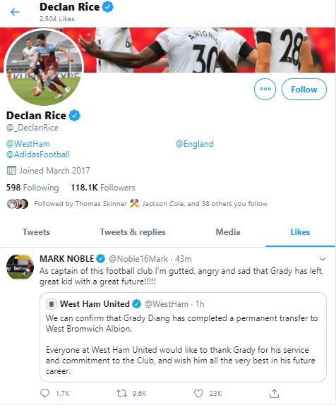 Declan Rice liked his captain's angry tweet