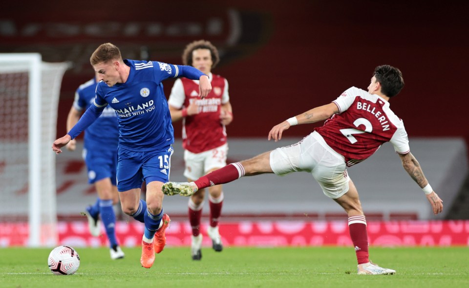 Hector Bellerin was booked for tripping Harvey Barnes