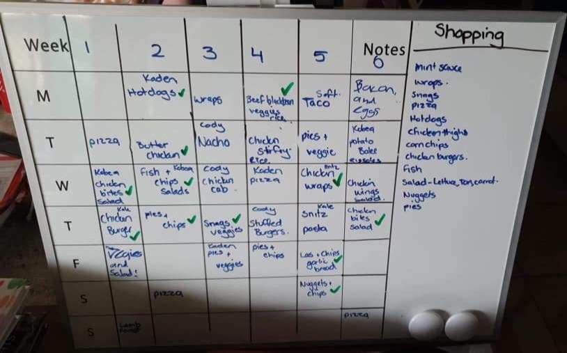 The busy mum will write out meals for six weeks on a white board depending on what food she has