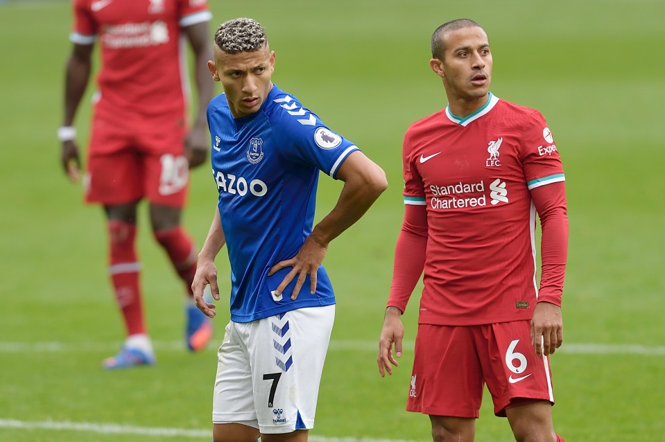 Richarlison received a red card for a dangerous tackle on Thiago in the Merseyside derby