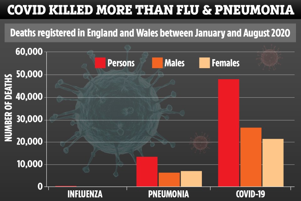 There were more deaths due to Covid-19 between January and August 2020 than influenza or pneumonia