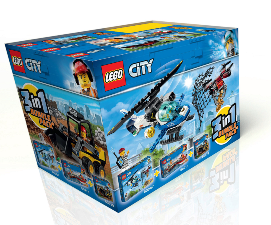 This Lego set comes with a sky police drone chase, dock side fire boat and a construction loader