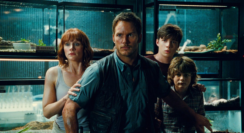 Bryce Dallas Howard, from left, as Claire, Chris Pratt as Owen, Nick Robinson as Zach, and Ty Simpkins as Gray in the 2015 rebooted film