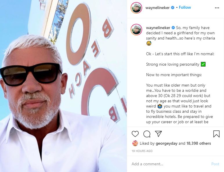 Wayne Lineker went viral for posting a picky list of 'criteria' for a prospective girlfriend, including a good knowledge of British geography and ensuring their dog has a passport