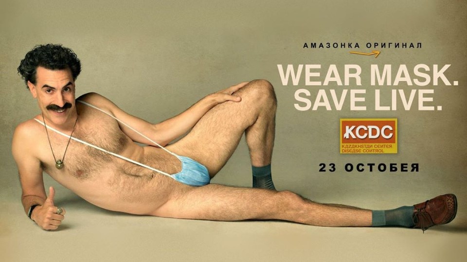 In the film's promotional poster Borat repurposes a face mask into his iconic mankini