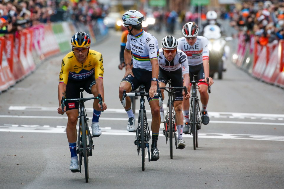 Roglic edged past a sheepish-looking Alaphilippe after a late dive for the line