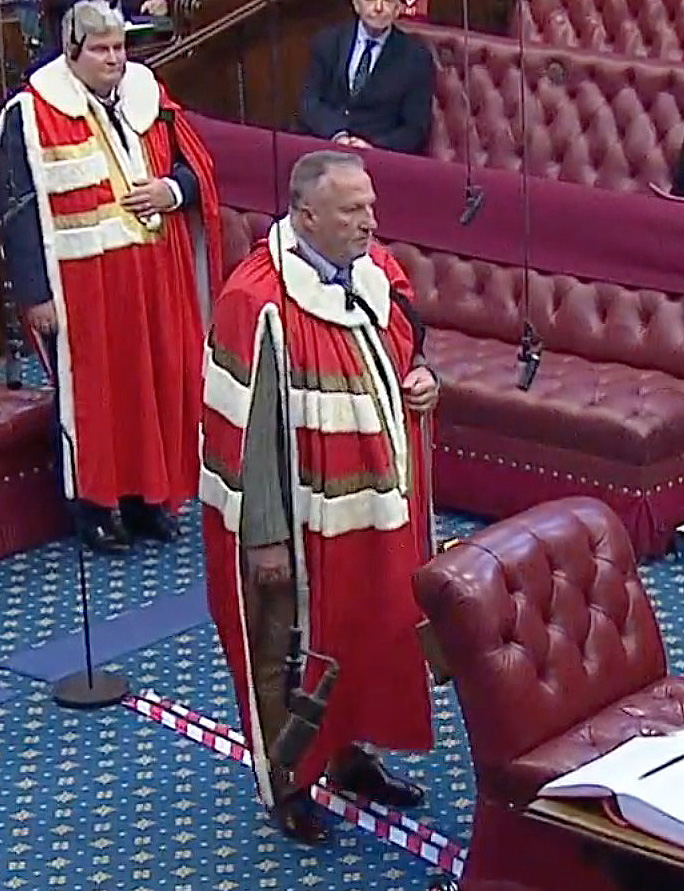 Lord Botham wore a traditional scarlet and ermine-trimmed robe for his brief formal introduction ceremony as a peer in the House of Lords