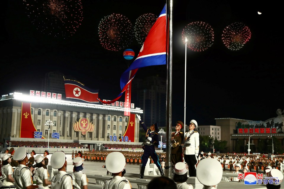 The North Korean flag is raised as fireworks explode in the sky