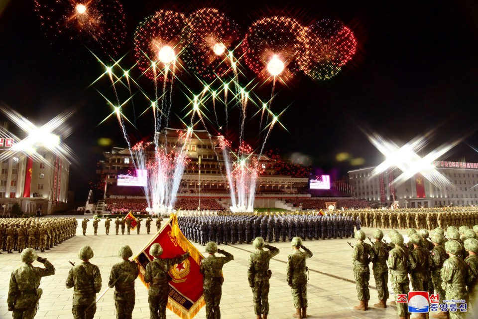 Soldiers salute as fireworks light up the sky