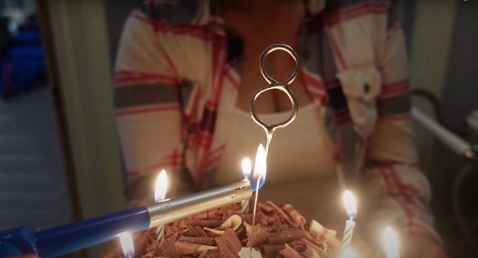  Casper's chocolate cake was covered in candles and a large '8'