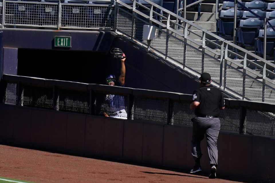 Margot re-emerged after his fall and held his arm aloft with the ball in the glove