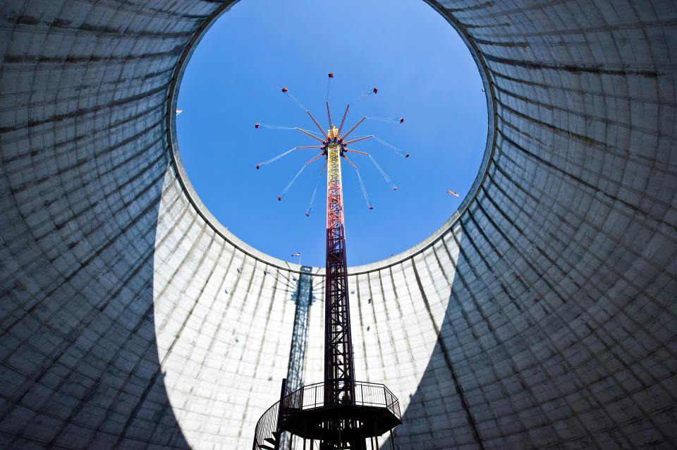 One of the rides is built into the cooling tower