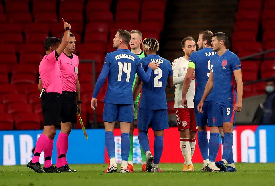 Reece James was shown a red card after the whistle of the defeat to Denmark