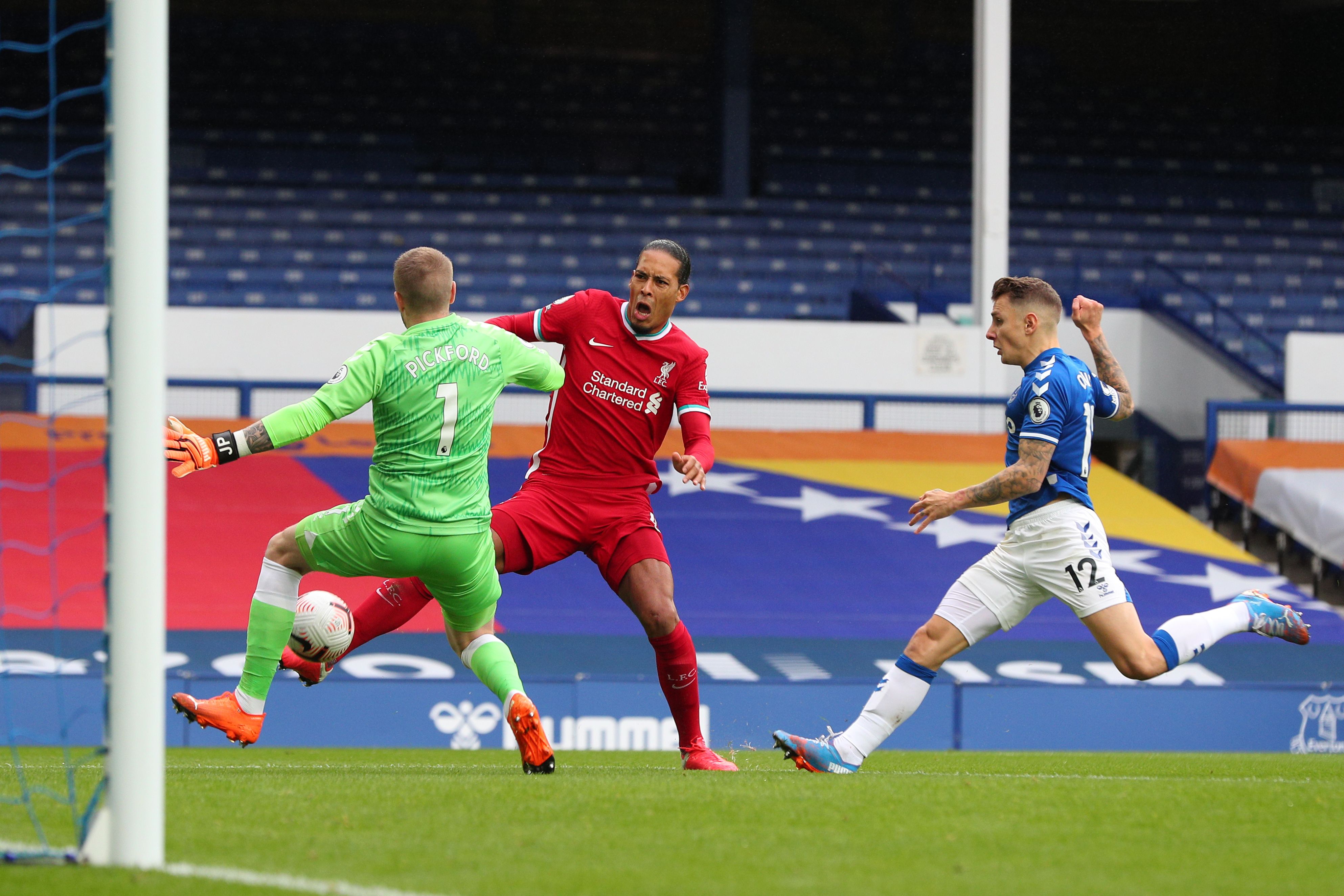 Virgil van Dijk was wiped out by Jordan Pickford early on in Saturday's derby