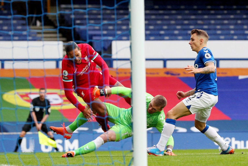 Jordan Pickford was lucky to escape a penalty for this tackle