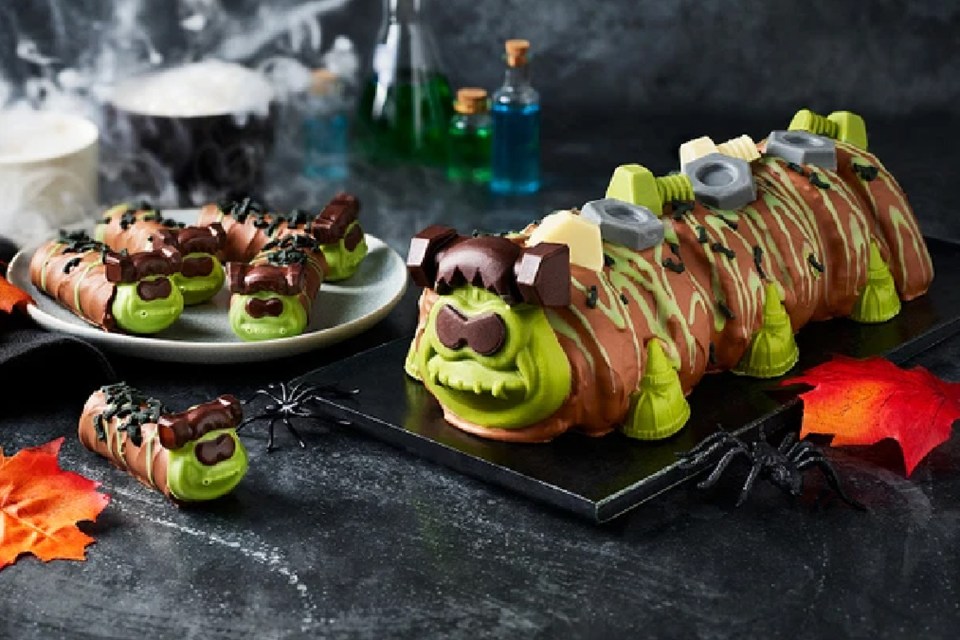 You can now buy a Frankencolin the caterpillar cake from M&S and he looks perfect for Halloween