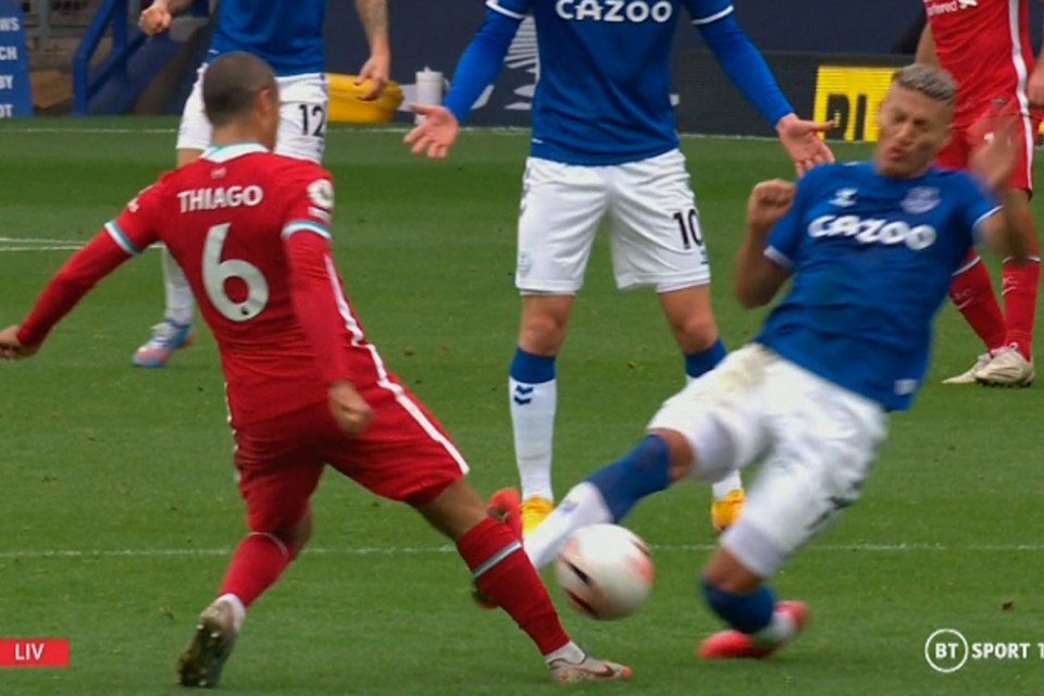 Richarlison was sent off late in the derby draw after a studs-up challenge on Thiago Alcantara