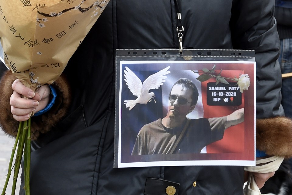 A tribute to murdered teacher Samuel Paty during a free speech march in Paris on Sunday