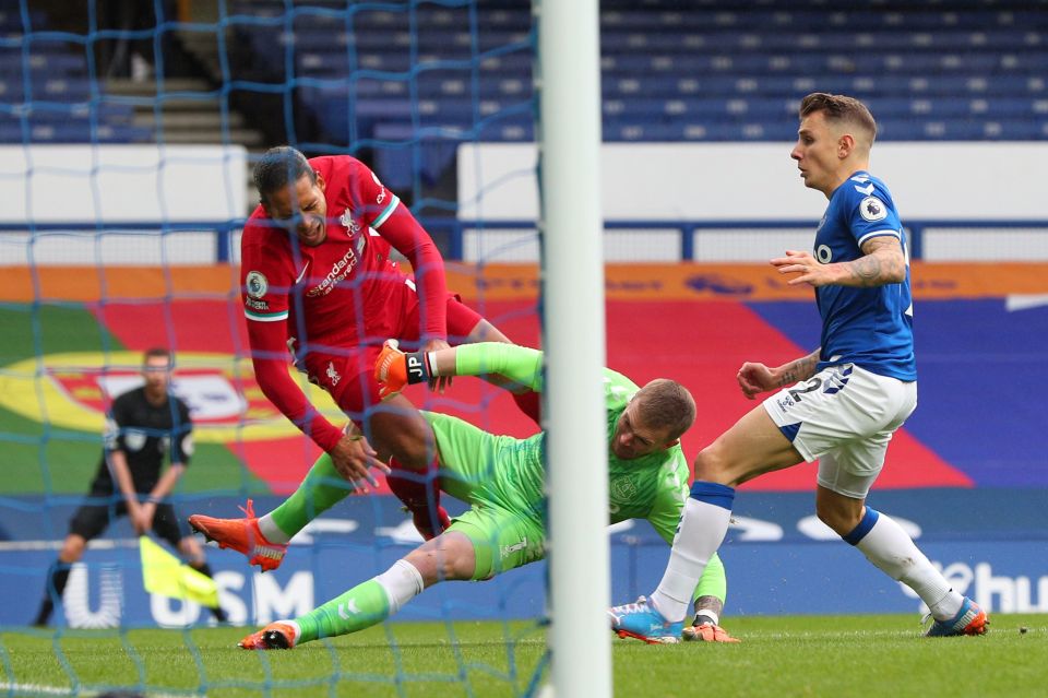 Van Dijk was sent sprawling but VAR failed to send Pickford off