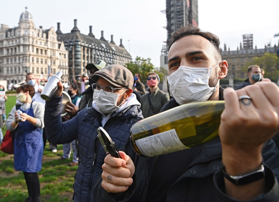 Members of the hospitality industry demonstrate in London against tougher coronavirus restrictions, October 19