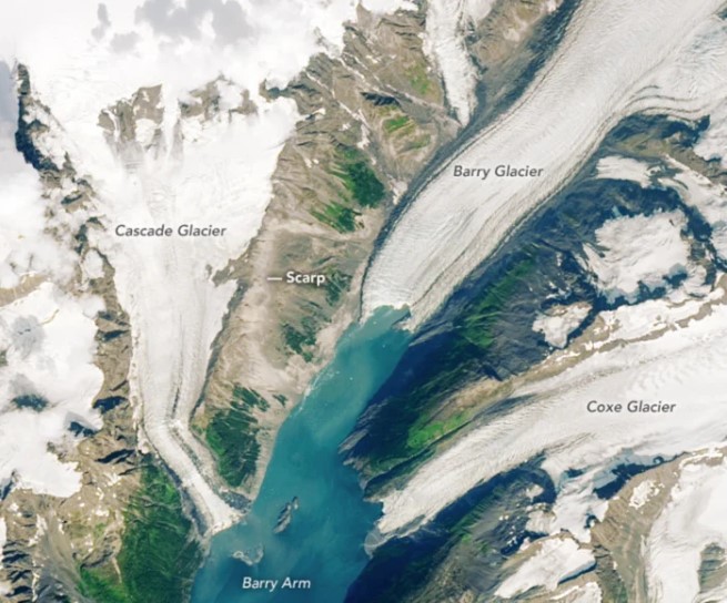 A satellite impact shows the retreating Barry Glacier and a 'scarp' area of loose rocks that could result in a disastrous landslide