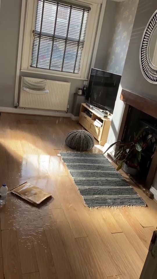 Water poured through Jasmin's living room ceiling, forming a puddle on the floor