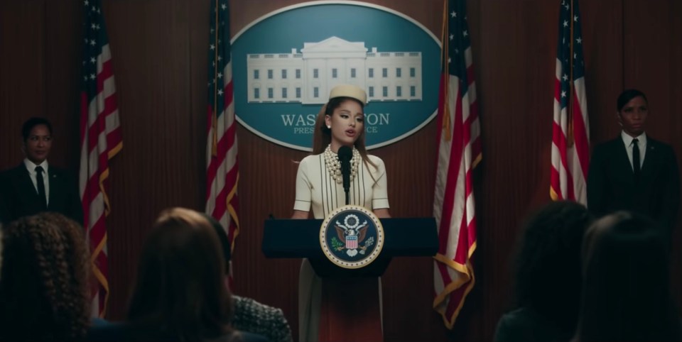 In the new video, Grande appears as the president of the United States