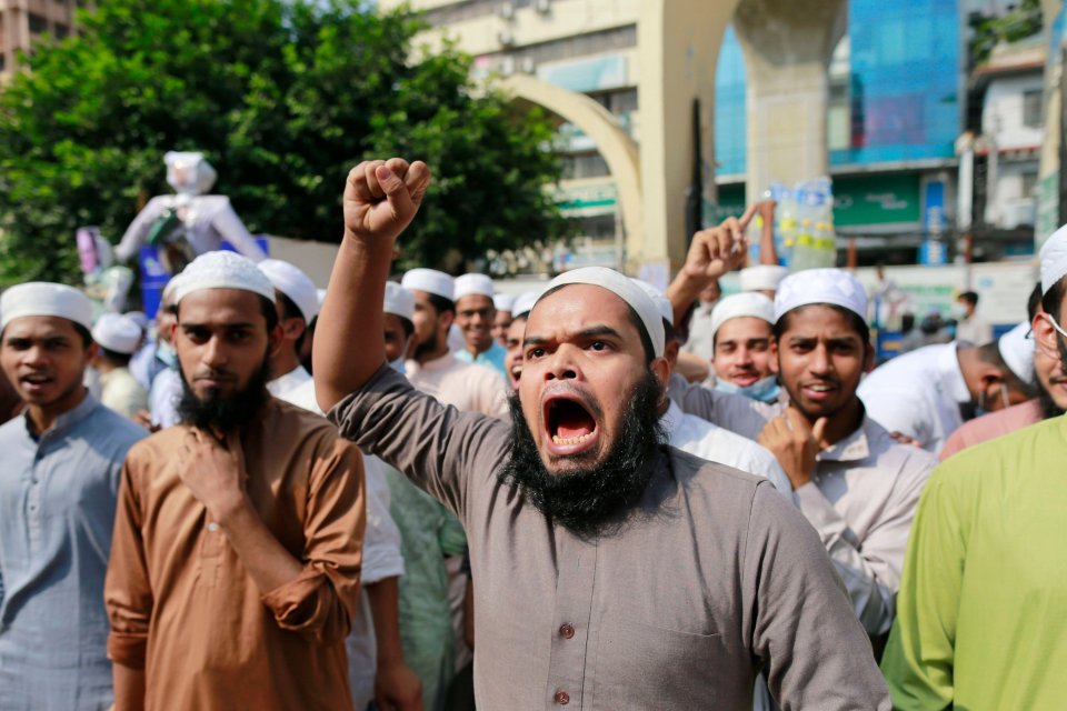 Protesters in Dhaka, Bangladesh, calling for a boycott of French products