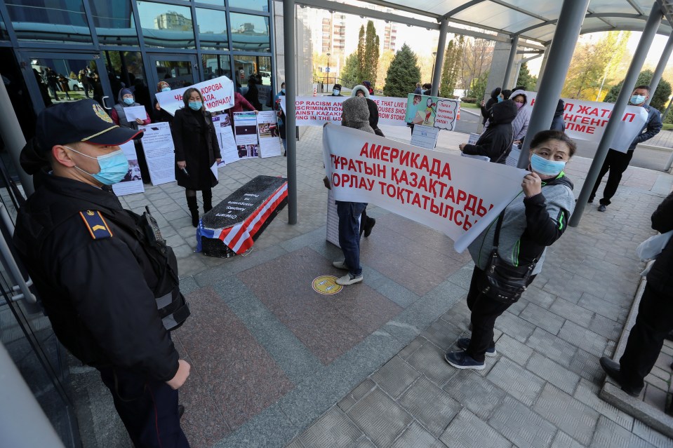 Protestors descended on the US Consulate in Almaty with an effigy of Sacha Baron Cohen in a coffin