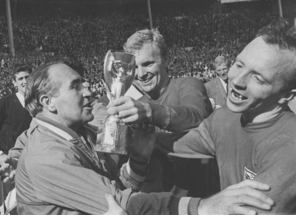 Nobby Stiles, right with Alf Ramsey and Bobby Moore, was a key player as England won the World Cup in 1966