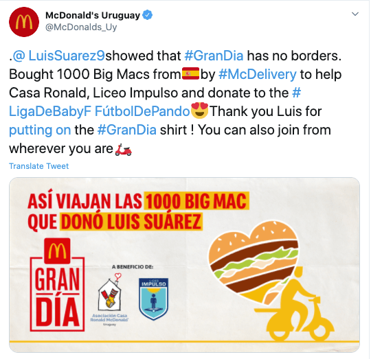 Suarez's generous donation was confirmed by McDonald's Uruguay