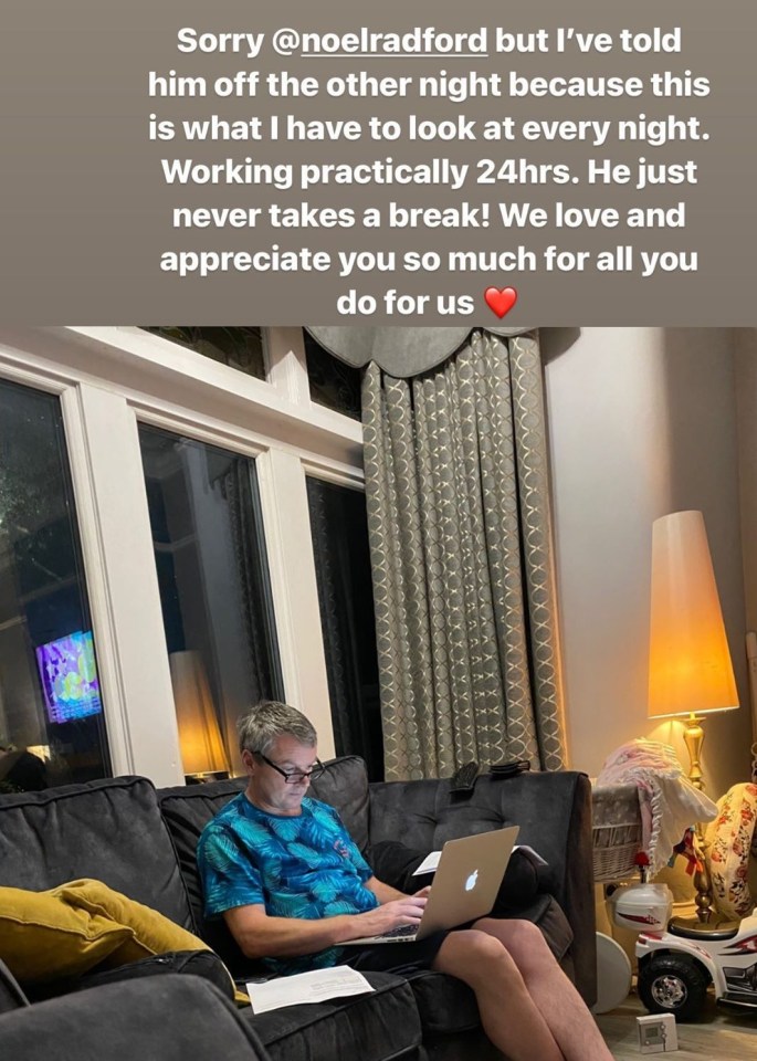 Sue Radford shared a snap of her husband Noel still hard at work in the evening