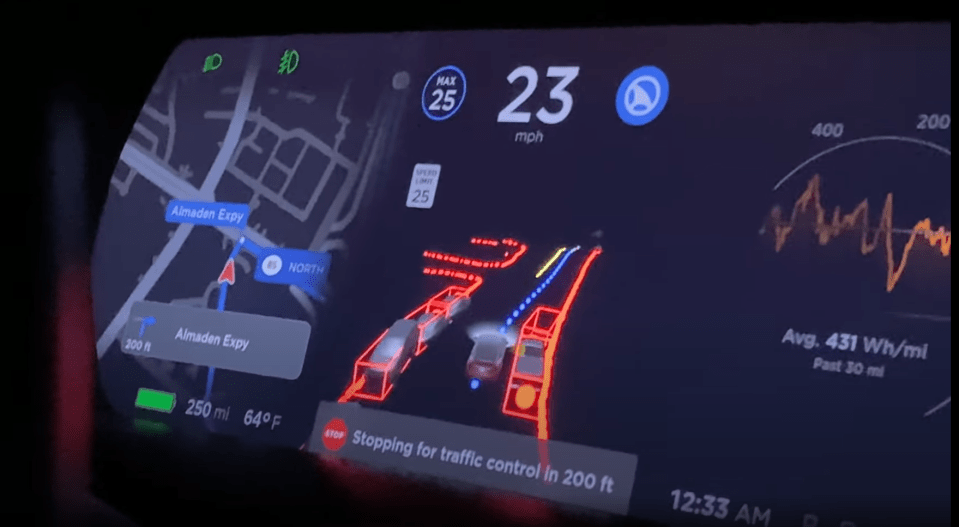 View of a dashboard display in a Tesla with full self driving activated