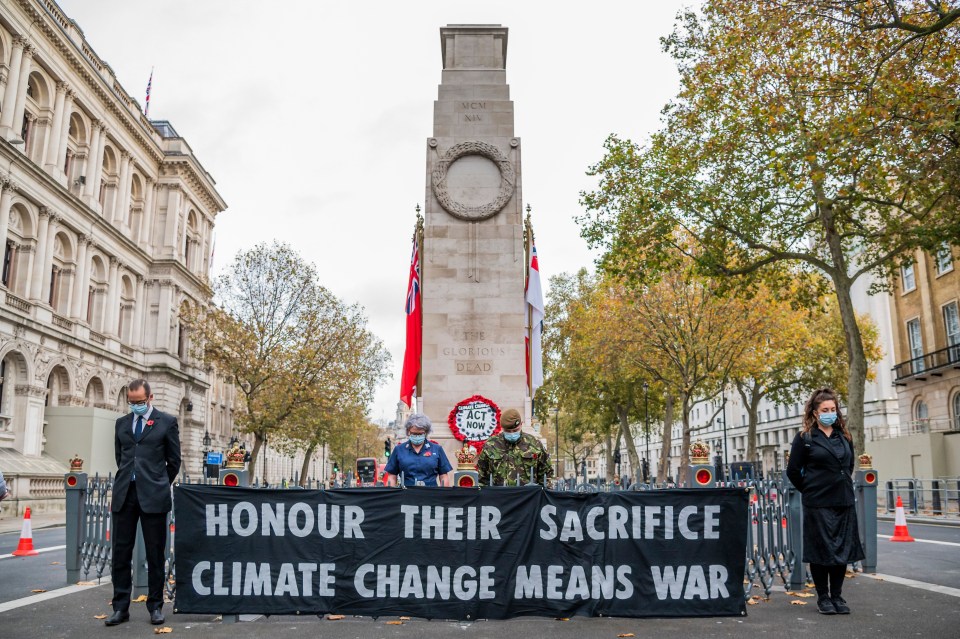 The protesters held a banner protesting climate change