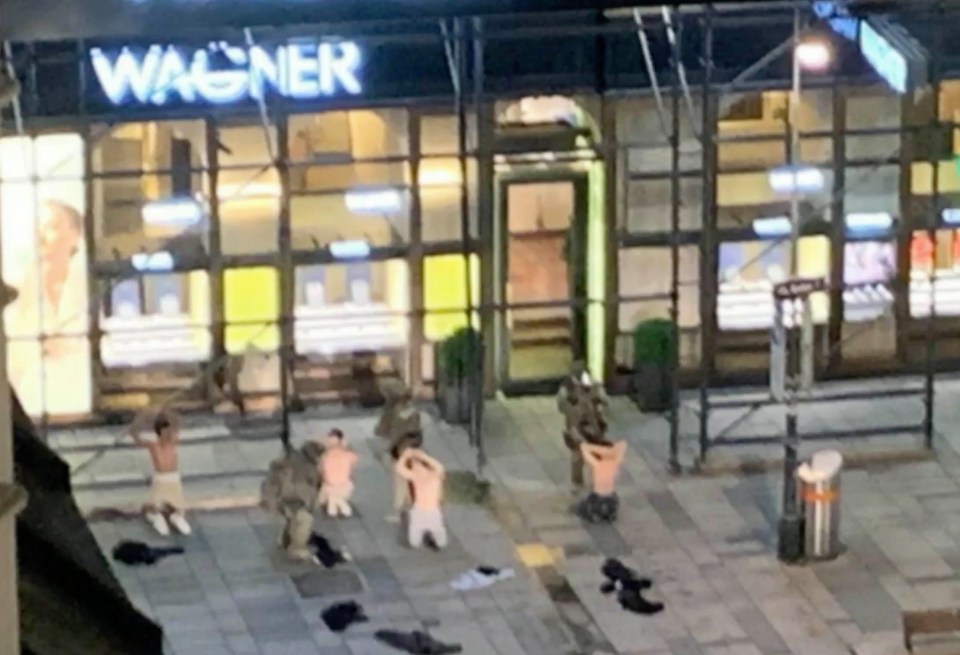 Four men are made to take their shirts off as they are searched on the streets of Vienna