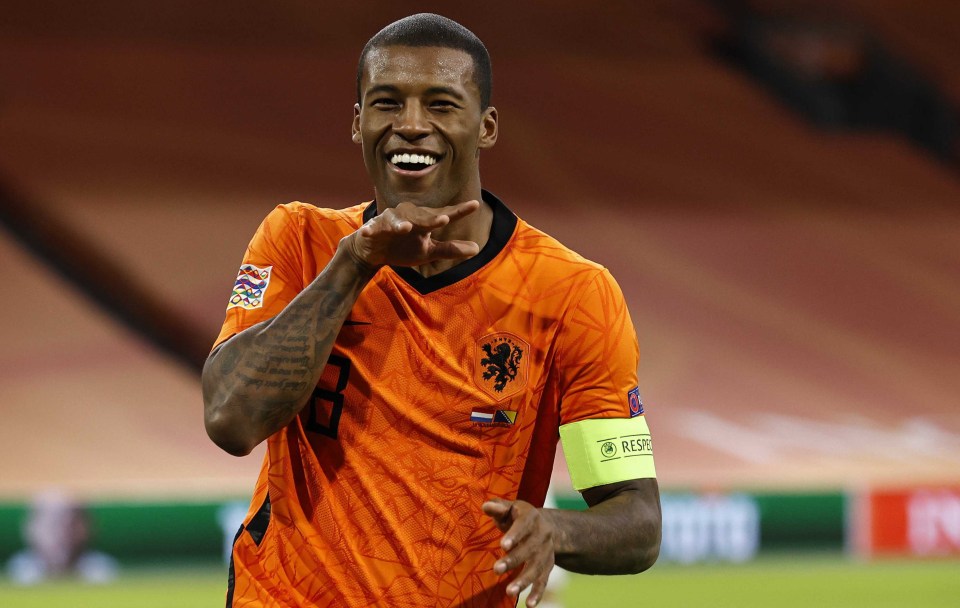 Liverpool midfielder Georginio Wijnaldum celebrates the first of his two early goals as Holland best Bosnia-Herzegovina 3-1